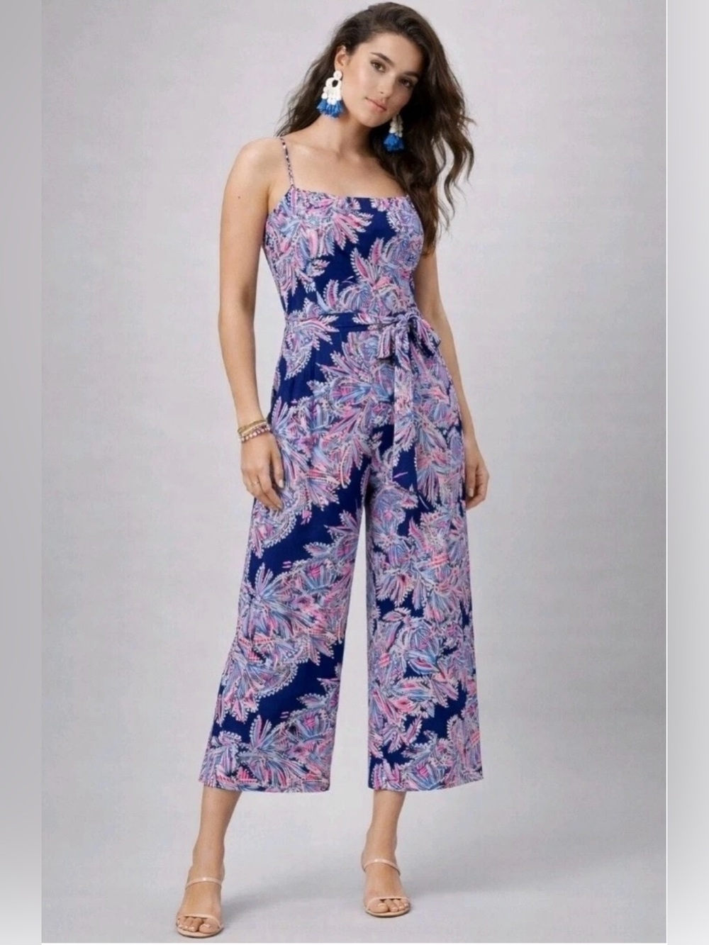 Lilly Pulitzer  Sandra jumpsuit Oyster Bay Blue Miss Shell Waist strap  Size 14